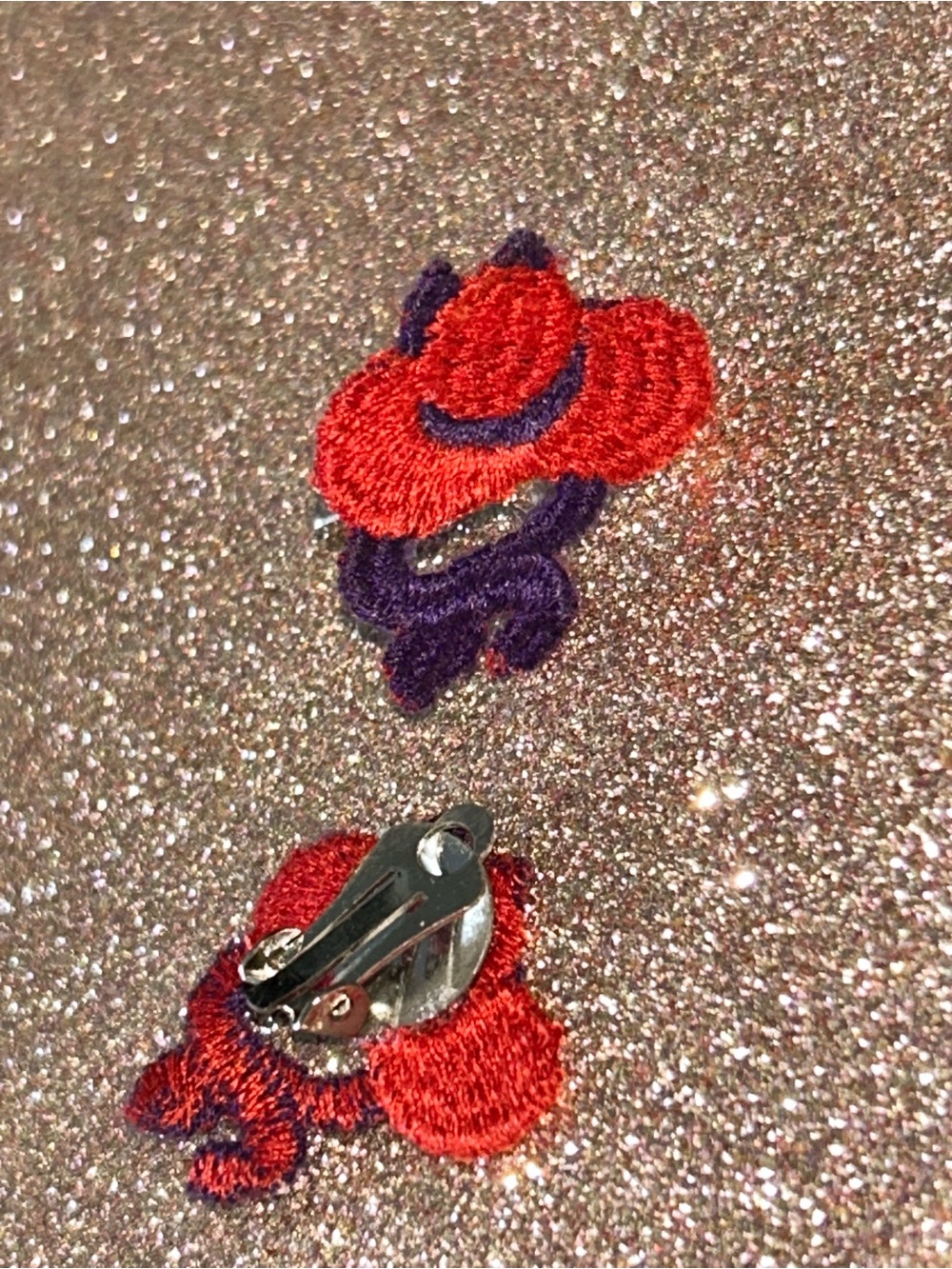 Red Bonnet TopHat Ladies Clip-On Earrings with Red & Purple Embroidered Lace NEW
